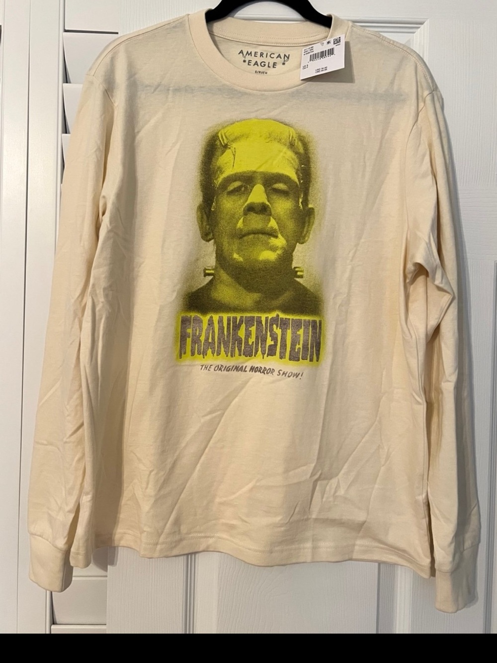 American Eagle Outfitters Cream Long-Sleeve Frankenstein Graphic Tee